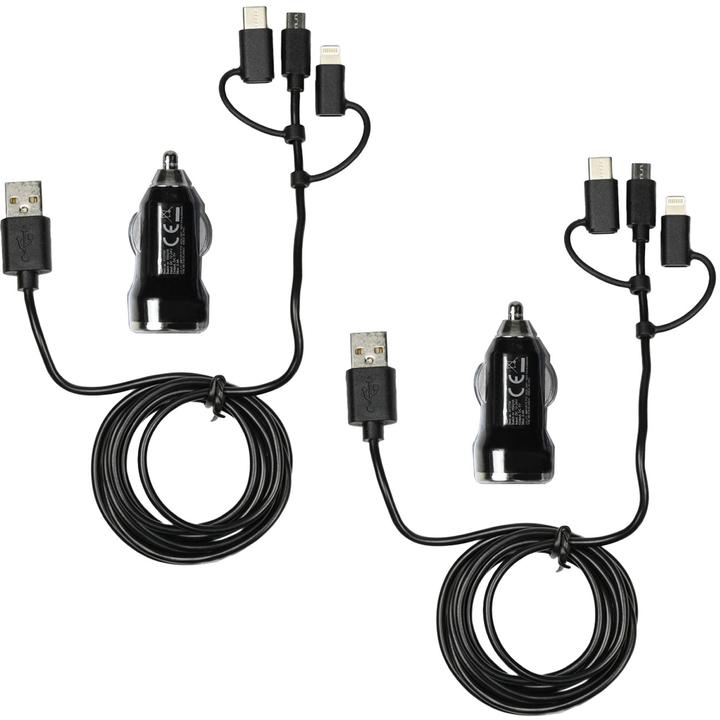 Benson Set of 2 3in1 car chargers with USB-C, Micro-USB & Lightning ports, black
