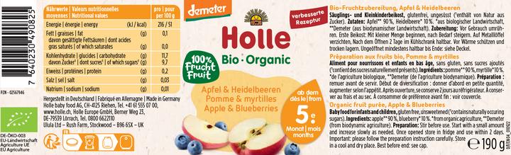 Valeurs nutritives et ingrédients Holle pomme et myrtille (190 g)