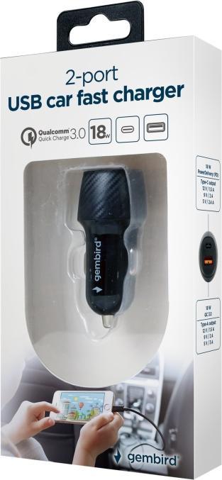 Actual product image Gembird 2-port USB car fast charger, Type-C PD, 18 W, black