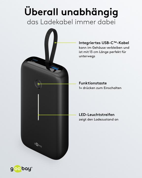 Image du produit Goobay Powerbank 20.000 mAh mit integriertem USB-C-Kabel (20000 mAh, 30 W)