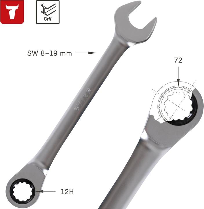 Produktbild Stier Maul-Ringratschenschlüssel-Satz, SW 8 - 19 mm, 12-teilig (19 mm, 18 mm, 16 mm, 15 mm, 8 mm, 14 mm, 12 mm, 13 mm, 17 mm, 9 mm, 10  mm, 11 mm)