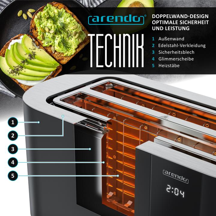 Produktbild Arendo Toaster Edelstahl 4 Scheiben Langschlitz, Restzeit & Bräunungsgradanzeige, Touch Display, 1500 W (EU-Stecker)