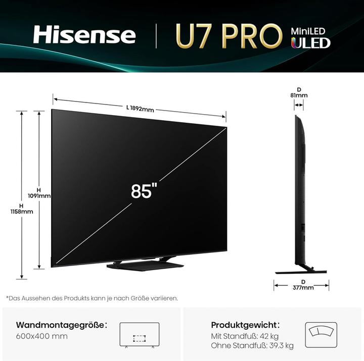 Actual product image Hisense TV 85U7Q PRO 85" Mini-LED 4K, 165Hz, 2'000 Nits (85", U7Q Pro, LED, 4K, 2025)