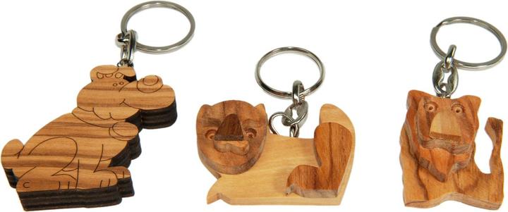 Natura Punto Set di 3 portachiavi cane, gatto e leone, in legno d'ulivo, marrone, 5 x 5 cm