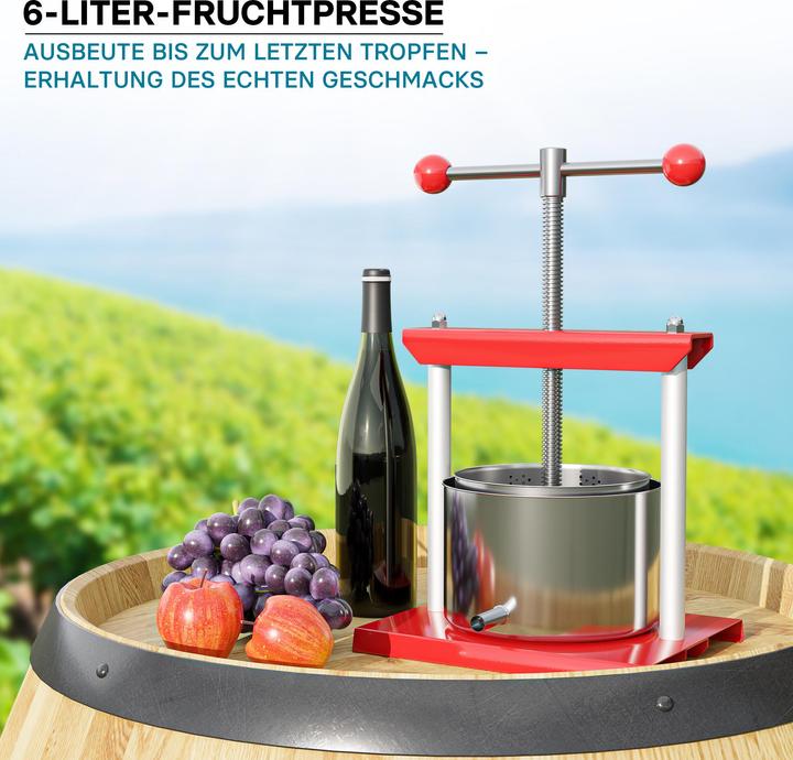 Produktbild Wiltec Obstpresse Weinpresse Stahl 6L Edelstahlkorb Fruchtpresse Beerenpresse (EU-Stecker)