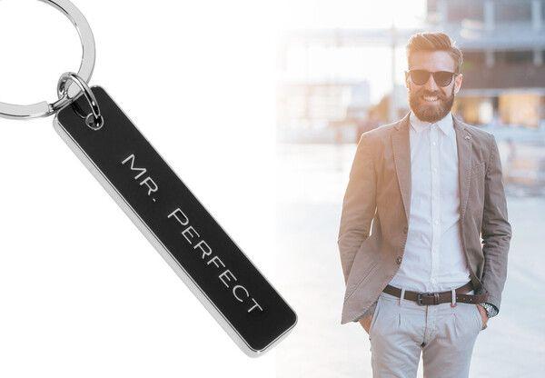 Actual product image Troika MR PERFECT key fob with "Mr. Perfect" lettering, glossy grey/black