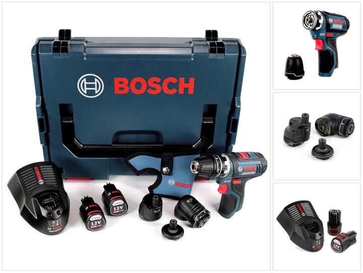 1/2 L-BOXX insert 12 V adapter, 1/2 L-BOXX inlay for tool and charger, 2 x 2.0 Ah Li-Ion battery, Bit holder attachment GFA 12-X, Drill chuck attachment GFA 12-B, Eccentric attachment GFA 12-E, Angle attachment GFA 12-W, L-BOXX 102, Fast charger