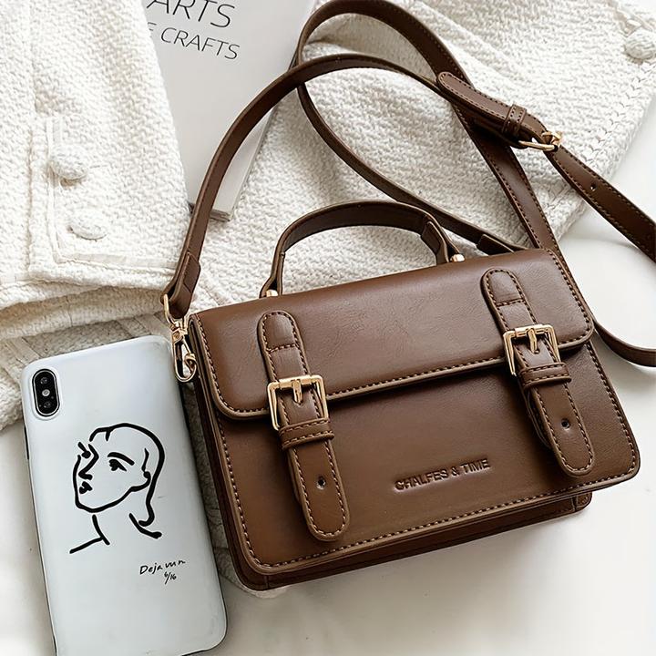 Only-Bags.Store Preppy solide Farbe Schulter quadratische Tasche, Schnallen Dekor Klappe Umhängetasche, braune