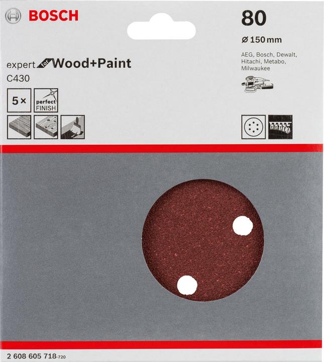 Produktbild Bosch Professional Zubehör Schleifblatt C430, 150 mm, 80, 6 Löcher, Klett, 5er-Pack (80)