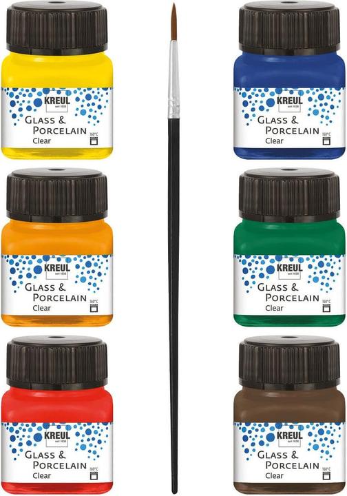 Image du produit Kreul Verre et porcelaine Clear-Set (Brun espresso, Orange, Jaune soleil, Rouge cerise, Vert foncé, Bleu foncé, 120 ml)