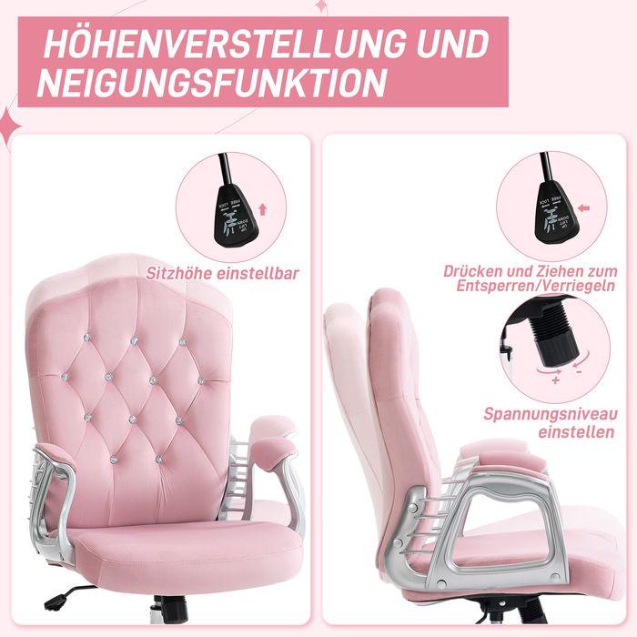 Actual product image Swisshandel24 Office chair with rocking function, ergonomic, with crystal buttons, velvet look, up to 120kg, pink
