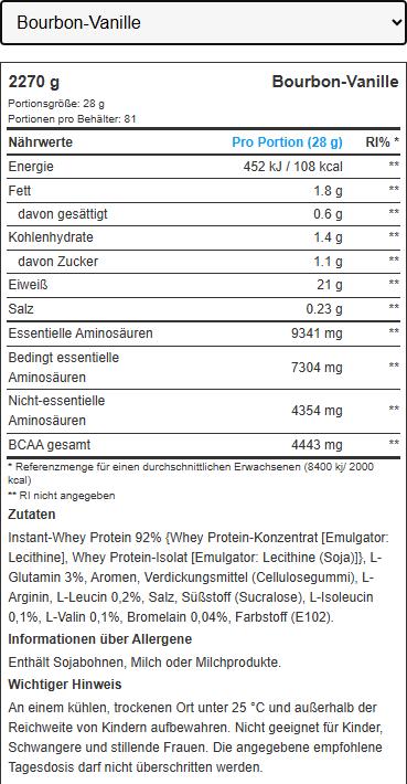 Valori nutrizionali e ingredienti Biotech USA 100 Siero di latte puro (Vaniglia Bourbon, 1 pz., 2270 g)