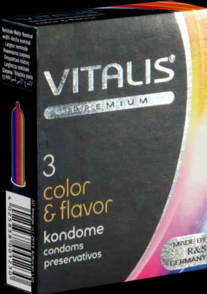 Produktbild Vitalis PREMIUM «Color & Flavour» 3 bunte aromatische Kondome für aufregenden Oralverkehr (3 Stk.)