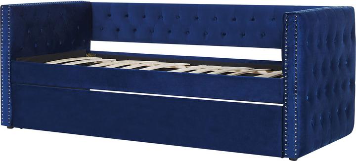 Actual product image Beliani Daybed extendable velvet fabric navy blue slatted frame 90 x 200 cm GASSIN (90 x 200 cm)