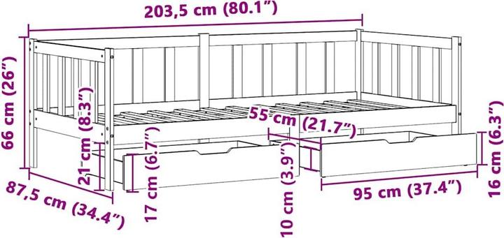 Produktbild VidaXL Tagesbett Gästebett Bettsofa Schlafsofa Schubladen 80x200cm Massivholz (80 x 200 cm)
