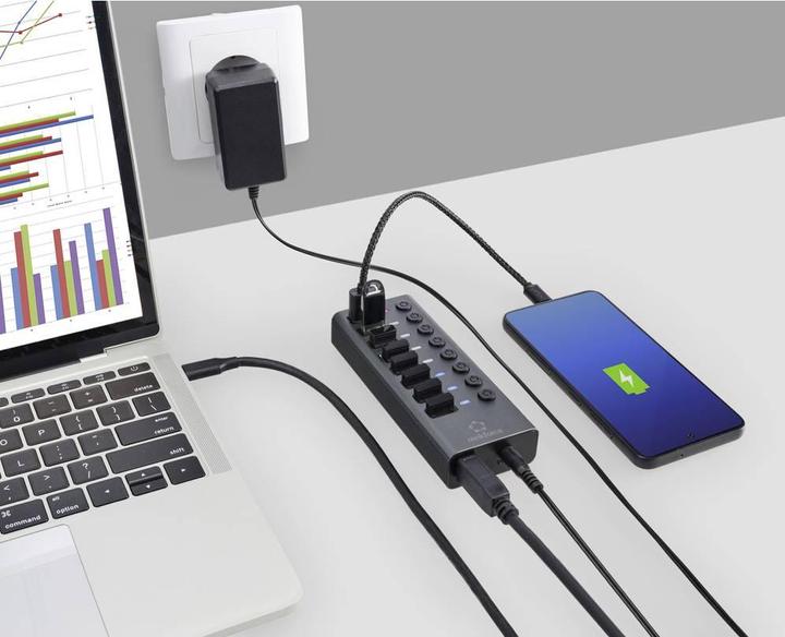 Produktbild Renkforce RF-HUB-380 8 Port USB 3.2 Gen 1-Umschalter + Hub (USB 3.0) mit Aluminiumgehäuse Silber-Sc (USB-A, 8 Ports)