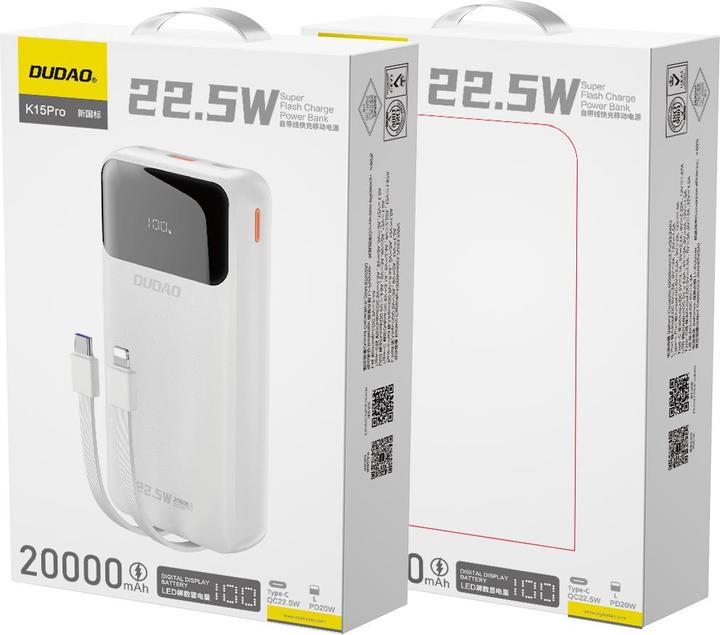 Produktbild Dudao K15Pro 20000mAh 22.5Watt 2x cable White (20000 mAh, 22.50 W, 22.50 Wh)