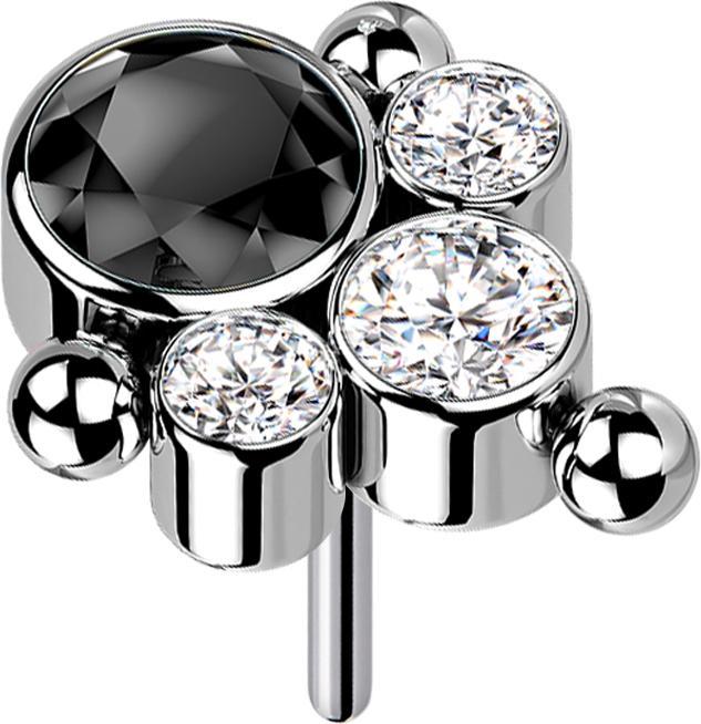Star Piercing Threadless silber drei Kugeln vier Kristalle silber und schwarz (ohne Messing, Titan G23)