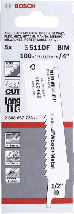 Image du produit Bosch Professional Zubehör Lame de scie sabre S 511 DF, Flexible for Wood and Metal, pack de 5