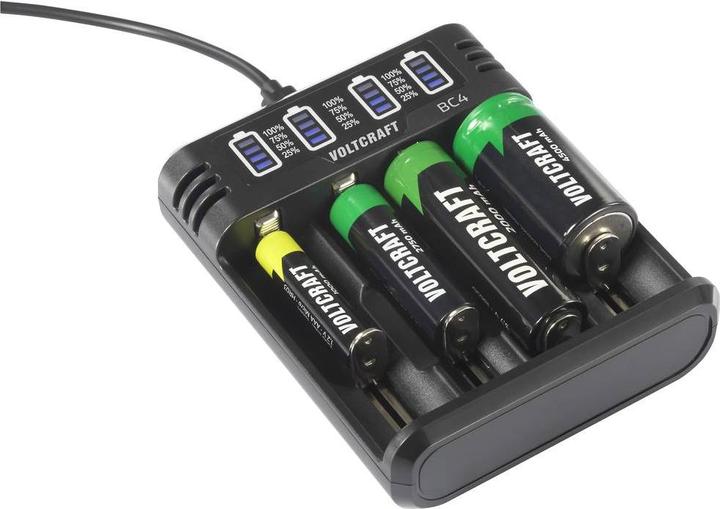 Actual product image Voltcraft BC4 round cell charger LiIon, NiMH Mignon (AA), Micro (AAA), Baby (C (1 pcs., 10440, 16340, 17335, 17500, 17670, 18490, 18650, 21700, 22650, 26500, 26650, AAA, RCR123A, AA, Sub-C, Chargers without battery)