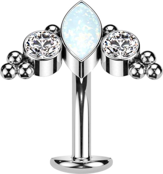 Actual product image Star Piercing Threadless Labret-Stab Banane silber Ovaler Opal weiss und zwei Kristalle silber (Titanium)