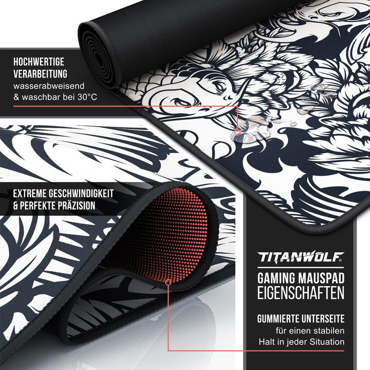 Produktbild Titanwolf Gaming Mauspad, 900 x 400mm XXL Mausmatte, verbessert Präzision & Geschwindigkeit, Koi Tattoo (XXL)
