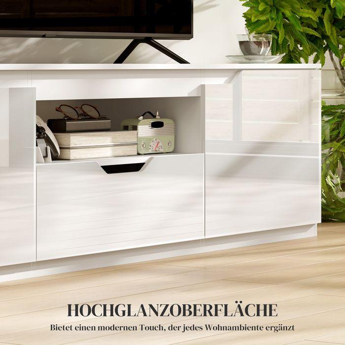 Produktbild Swisshandel24 Hochglanz TV-Lowboard für Fernseher bis 65 Zoll, 3 Fächer, Schublade, Weiss (160 x 38 x 43 cm)