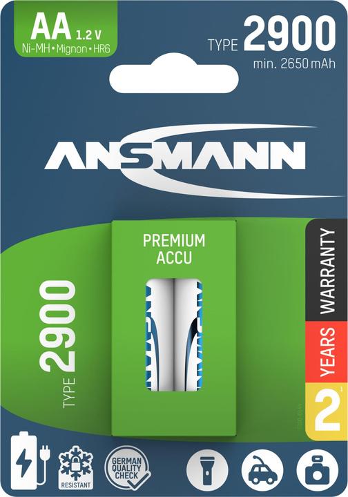 Ansmann NiMH Akku Mignon AA Typ 2900 (min. 2650 mAh) (2 Stk., AA, 2900 mAh)