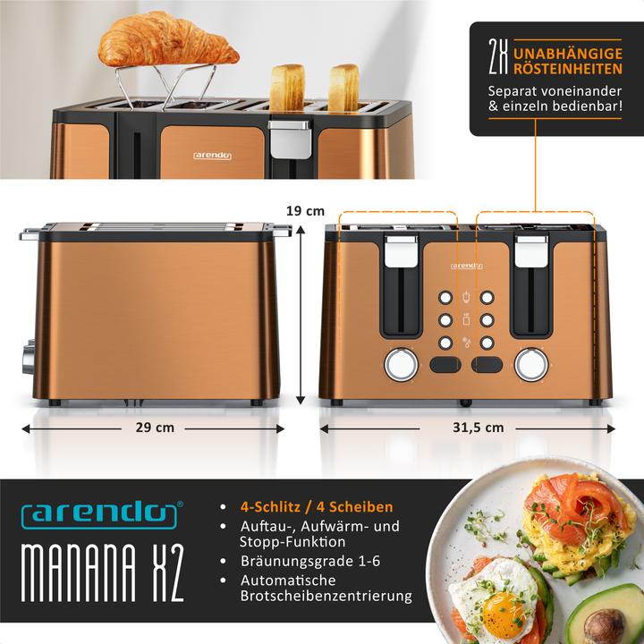 Produktbild Arendo Toaster 4 Scheiben Kurzschlitz, Automatik, Wärmeisolierendes Doppelwandgehäuse, Edelstahl, 1750 W (EU-Stecker)