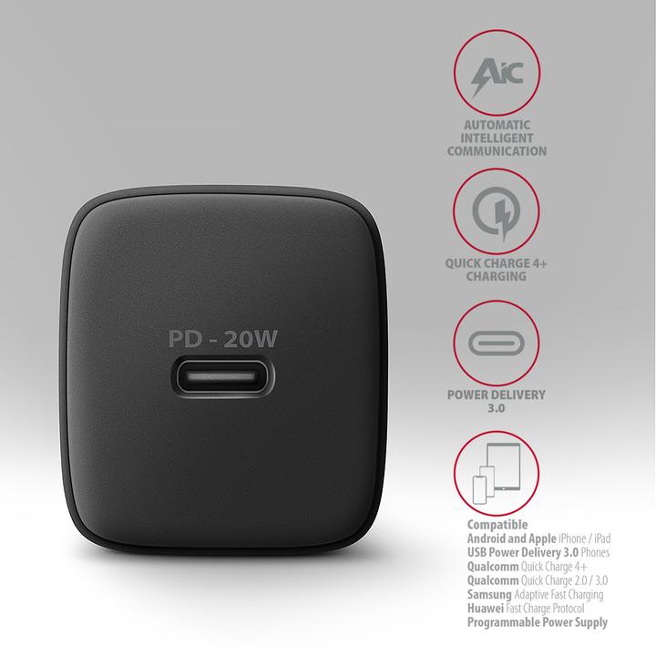 Image du produit Axagon ACU-PD20, chargeur pour prise murale 20W, 1x port USB-C, PD3.0/PPS/QC4+/AFC/Apple, noir (20 W)