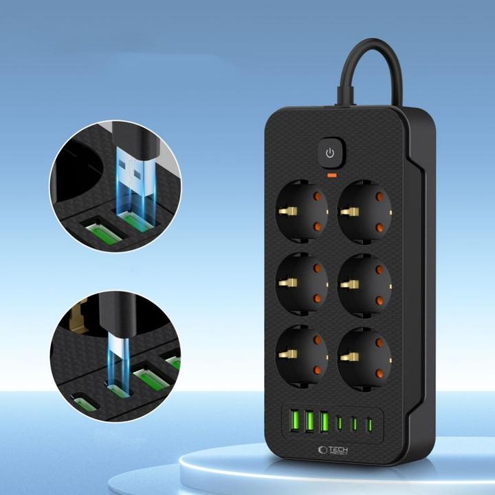 Actual product image Tech-Protect PC6X6 Power Strip 6 Sockets 240V + 3xUSB-A + 3xUSB-C 200cm - Black (3 x, USB-C, USB-A, 2 m)