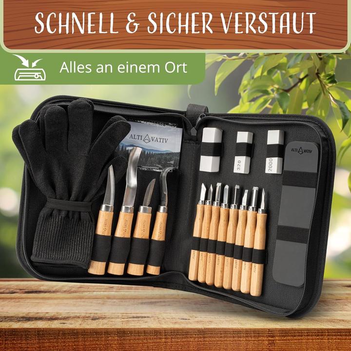 Produktbild Altivativ 18-teiliges Holzschnitzwerkzeug Set mit Handschuhen, Schleifset