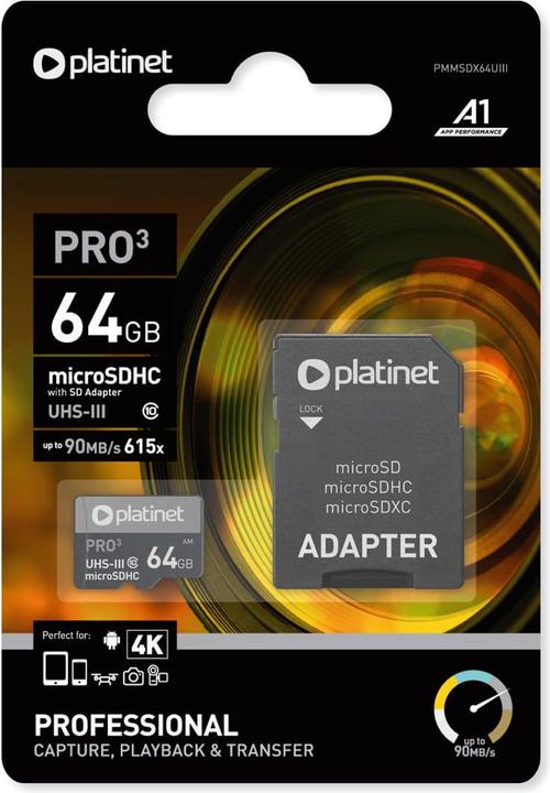 Image du produit Platinet PMMSDX64UIII carte mémoire MicroSDXC UHS-III (64 Go, microSDXC, U3, UHS-III)