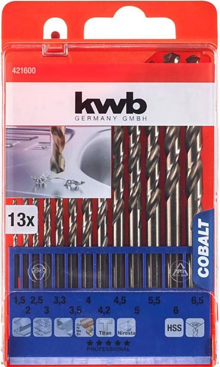 Produktbild kwb COBALT Spiralbohrersatz 13-tlg. (6 mm, 6.5 mm, 5.5 mm, 3.3 mm, 1.5 mm, 3 mm, 5 mm, 2.5 mm, 3.5 mm, 4.5 mm, 2 mm, 4.2 mm, 4 mm)