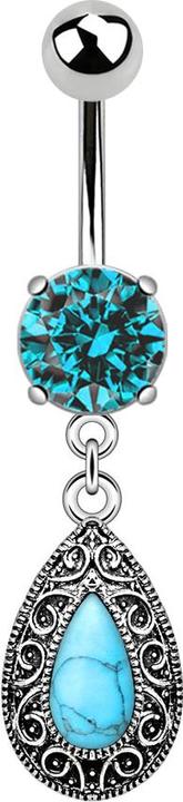 Star Piercing Banane silber mit Anhänger Vintage Design und ovalem türkis Stein aqua (Messing, Chirurgenstahl 316L)