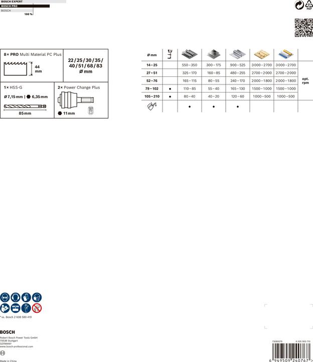 Nährwerte und Zutaten Bosch Professional Zubehör PRO Multi Material PC Plus Lochsägen-Set, 11-tlg. (51 Millimeter, 40 Millimeter, 30 Millimeter, 35 Millimeter, 22 Millimeter, 83 Millimeter, 68 Millimeter, 25 Millimeter)