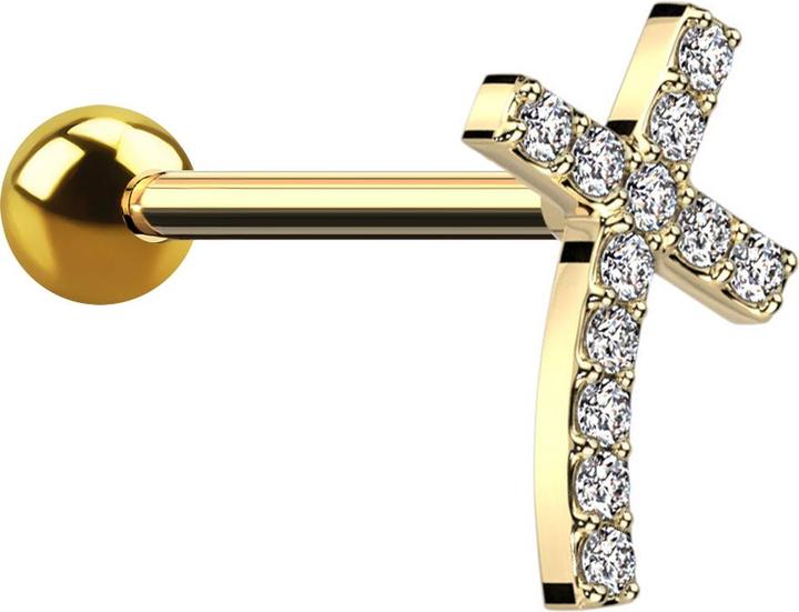 Star Piercing Micro Barbell vergoldet mit Kugel gebogenes Kreuz mit Kristallen (Chirurgenstahl 316L, Messing)