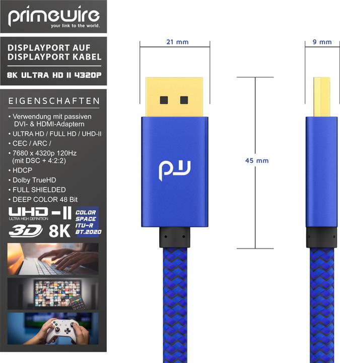 Actual product image Primewire DisplayPort Cable, 8K Premium DP 1.4 Monitor Cable, 8k 7680x4320 @ 60 Hz / 4k 3840 x 2160 120Hz (1 m, DisplayPort)