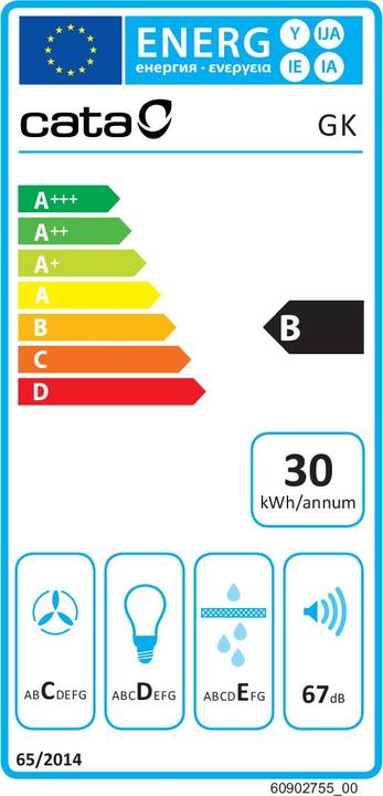 Label énergétique Cata Built-in cooker hood CAMPANA Hood GK 4500 WH, B, Width 51 cm, Max 360 m³/h, LED, White (Hotte à tiroir)