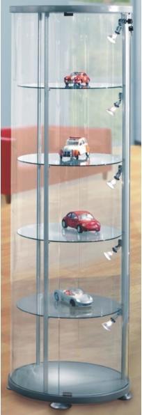Kerkmann Round display case expoline, 4 glass shelves, aluminium silver