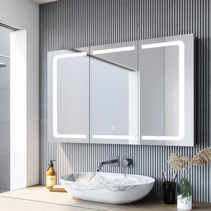 Produktbild SONNI Spiegelschrank mit Licht, 105 x 65 cm, Edelstahl, mit Steckdosen und Touchschaltern, kabellose