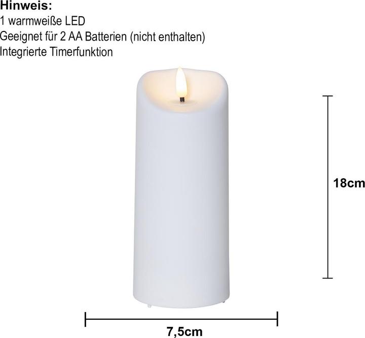 Produktbild Star Trading LED-Kerze Pillar Flamme 7.5 cm x 18 cm, Weiss (1 x)