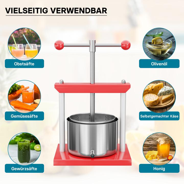 Produktbild Wiltec Obstpresse Weinpresse Stahl 6L Edelstahlkorb Fruchtpresse Beerenpresse (EU-Stecker)