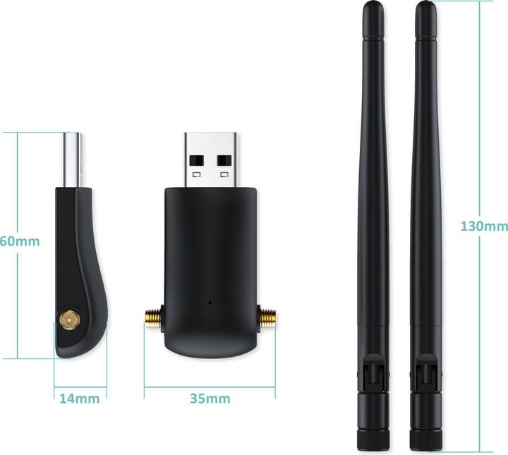 Produktbild Aplic WLAN Stick, WIFI Dongle USB 3.0, 1200 MBit/s Dual Band 2,4 + 5 Ghz externe Antennen (USB)