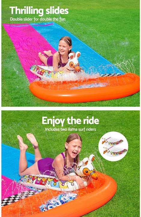 Produktbild Bestway 2er-Wasserrutsche mit aufblasbaren Lama-Schwimmtieren (4.88 m)