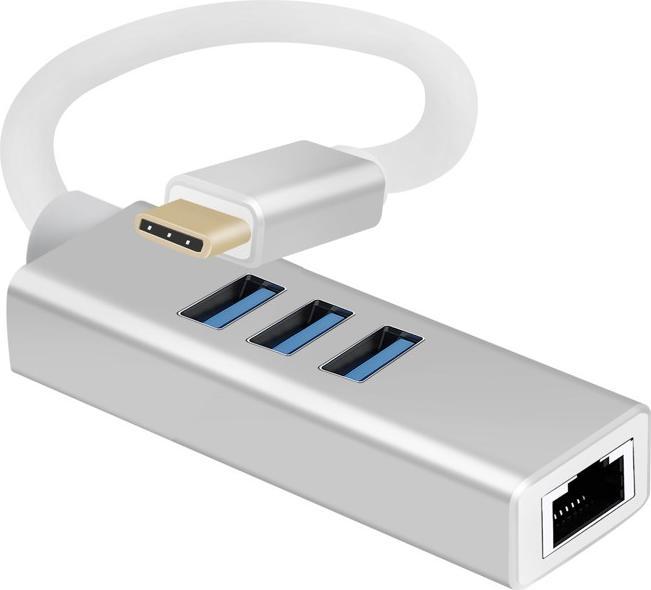Helos HUB, USB 3.1 Type-C™St./3x USB + RJ45 Gigabit Ethernet, PREMIUM 4K, silber USB Type-C™ HUB mit USB (USB-C, 4 Ports)