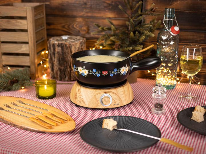 Image du produit Nouvel Set à fondue électrique au fromage "Wood Blumenwiese" (pré fleuri) (Fondue au fromage)