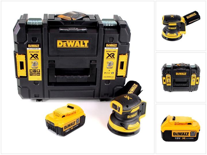 1x DeWalt DCW 210 NT cordless random orbit sander, 1x dust bag, 1x T-STAK Box II, 1x DeWalt DCB 182 Li-Ion battery 18 V 4.0 Ah, without charger