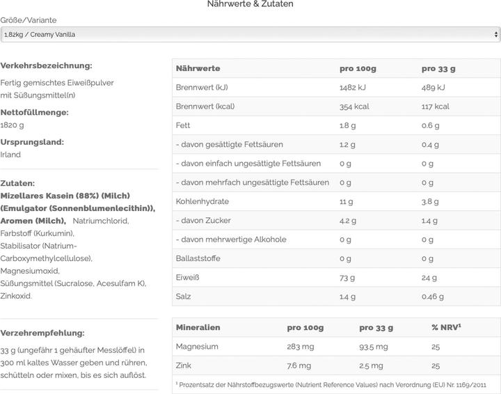 Valori nutrizionali e ingredienti Optimum Nutrition Gold Standard 100% Caseina (Vaniglia, 1 pz., 2082 g)