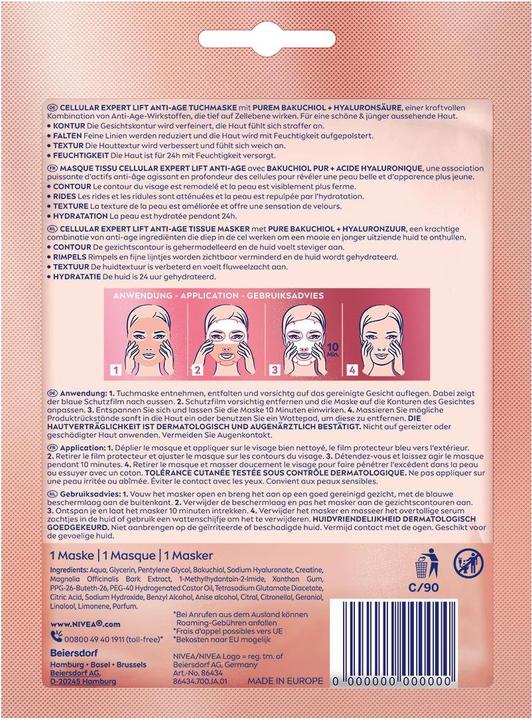 Valeurs nutritives et ingrédients NIVEA Masque Cellulaire Expert Lift Anti-Age en tissu (1000 ml)